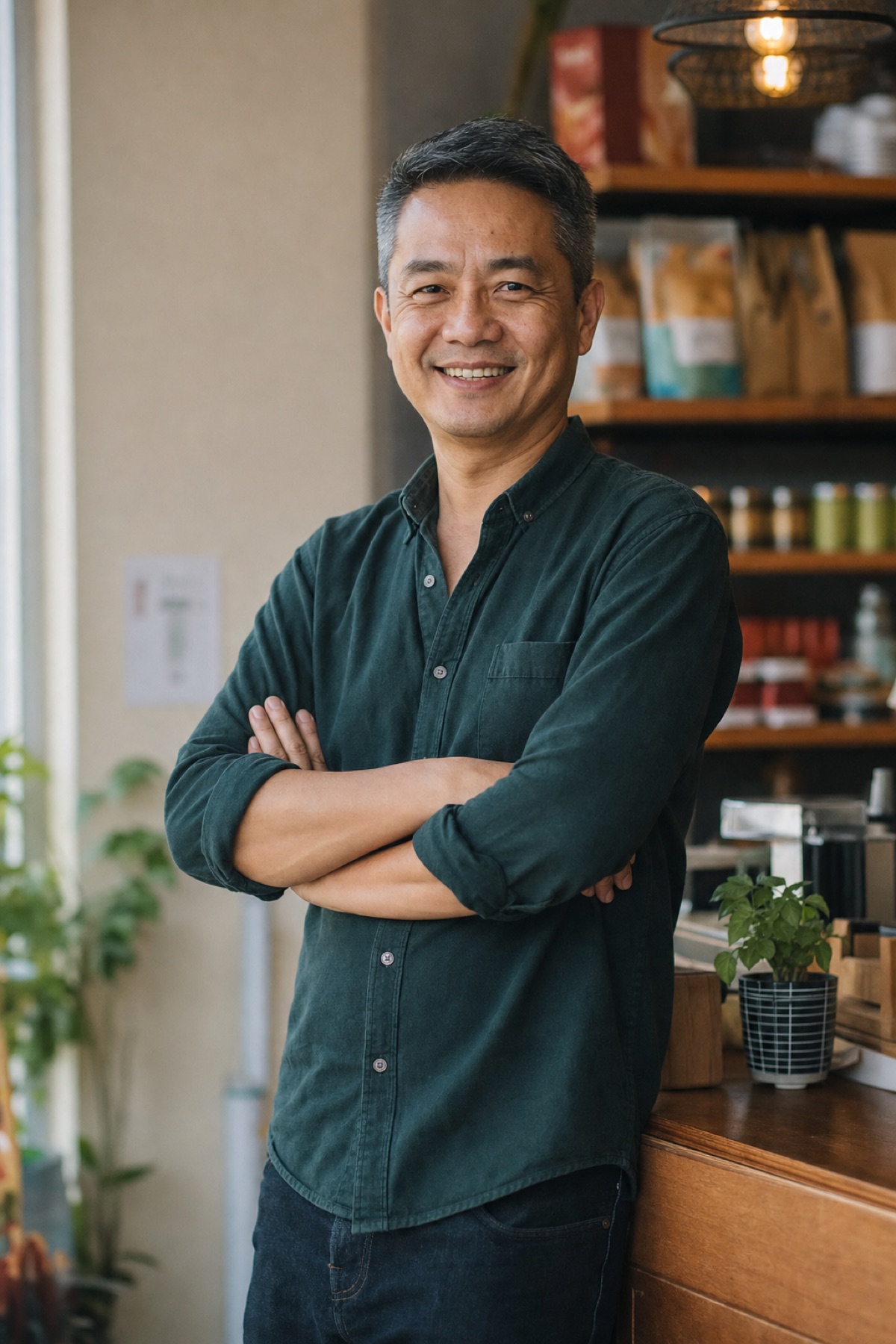 A business owner standing in his shop with his arms crossed