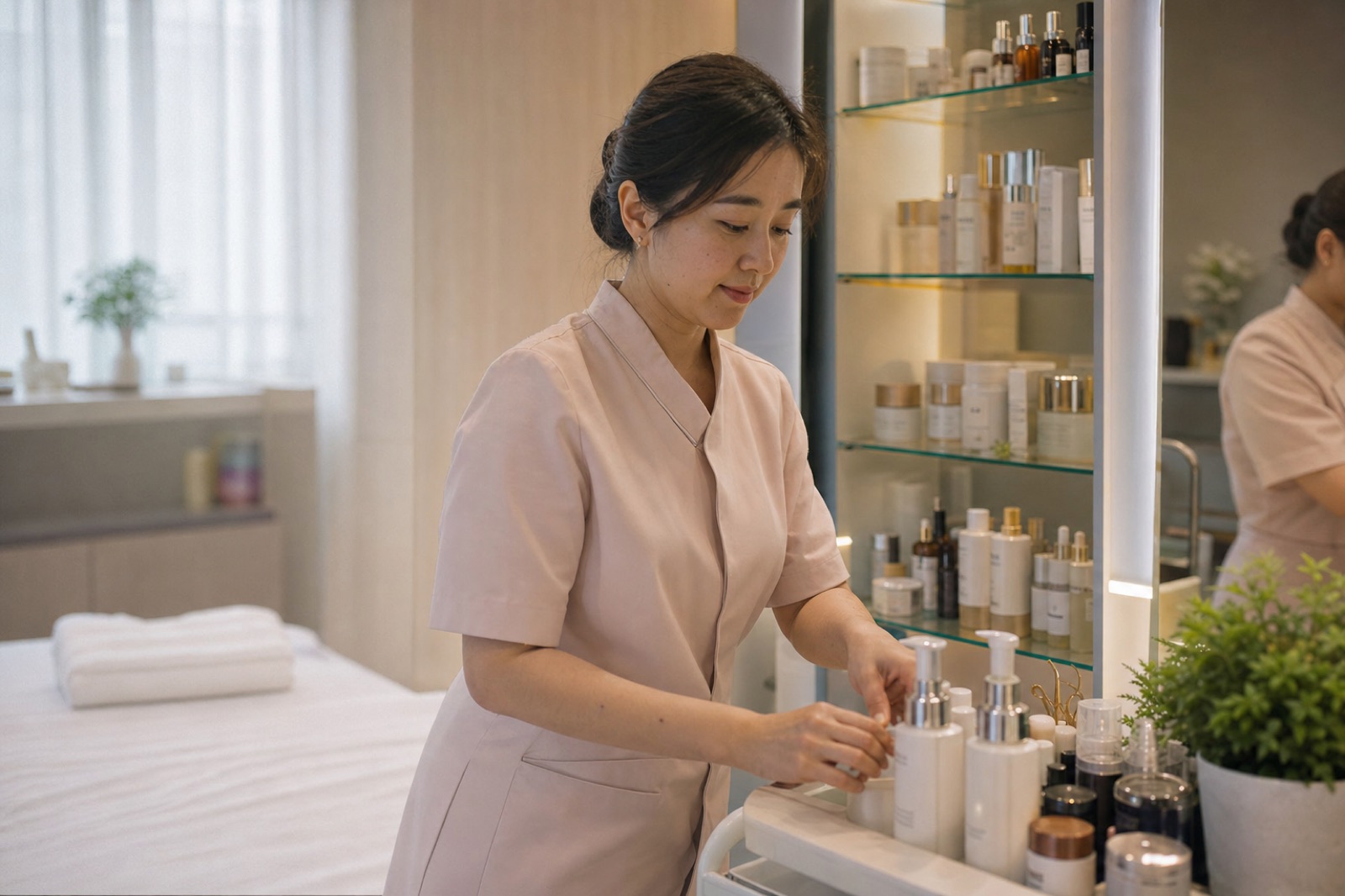 A beautician preparing skincare products at her salon station