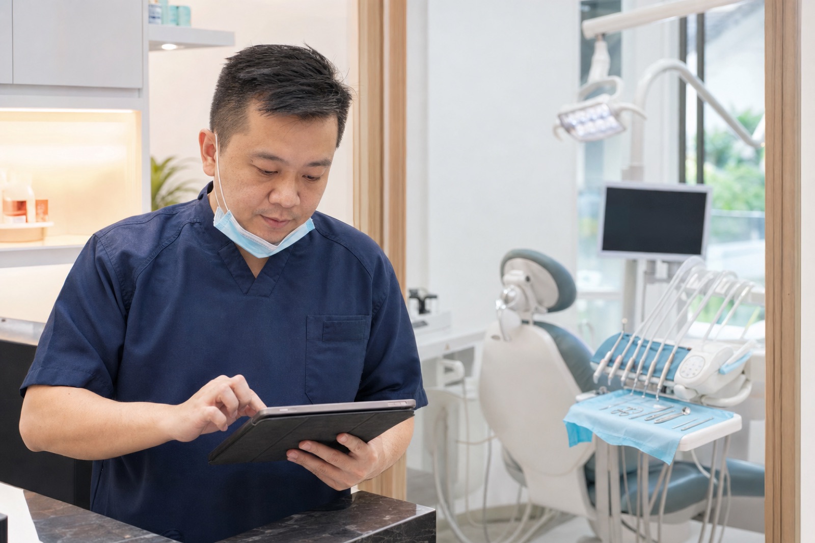 A dentist reviewing a patient chart on a tablet in his clinic